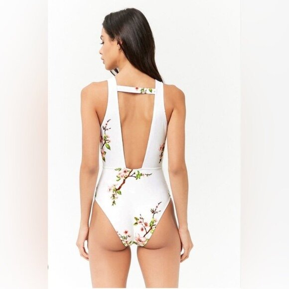 Women's White & Pink Cherry Blossom Plunge V-Neck Open Back Swimsuit Size XS - Picture 3 of 5